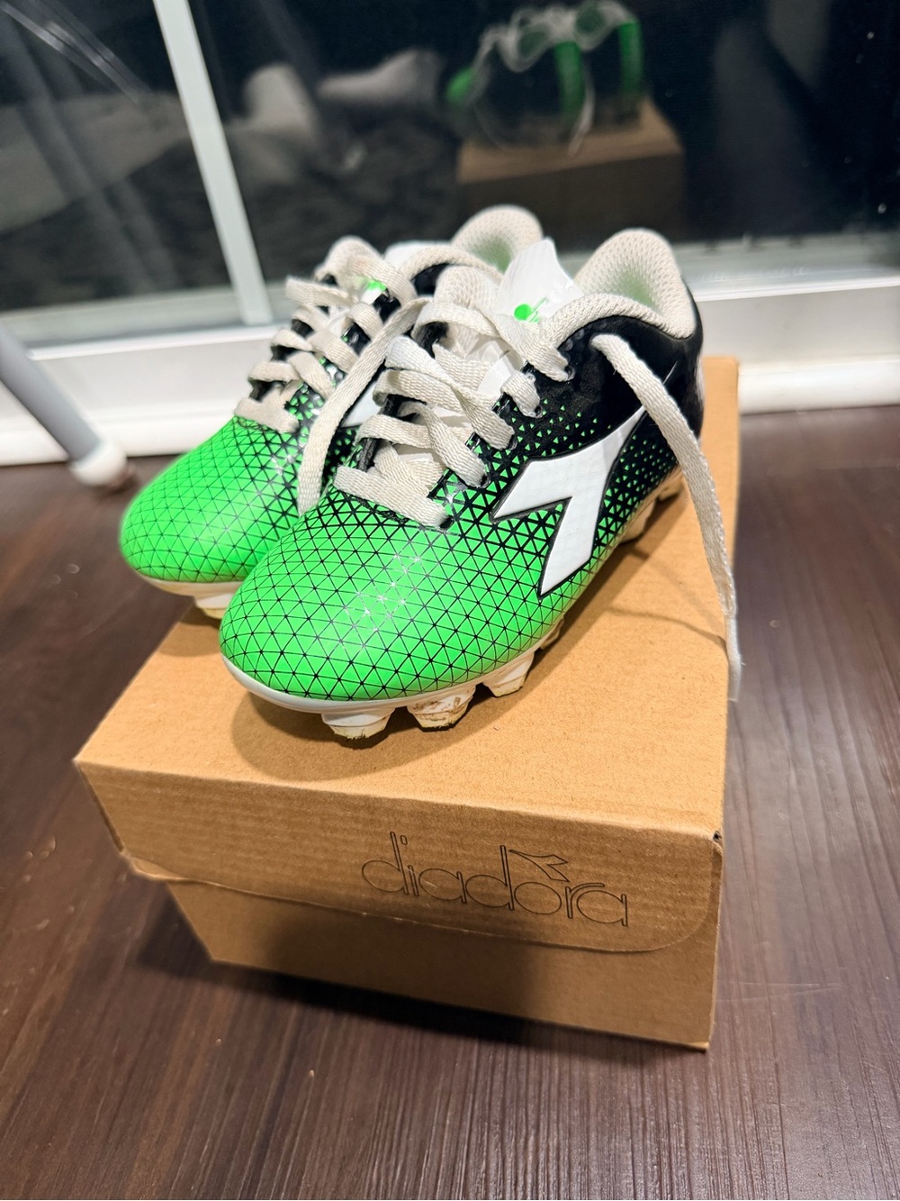 Diadora Kids Green and Black Soccer Cleats - White Logo